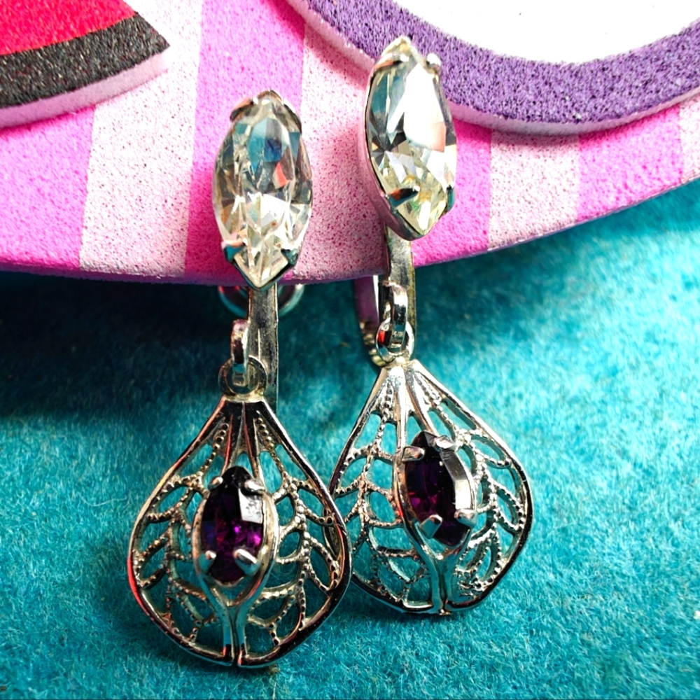 Vintage Jay Flex Sterling Silver & Purple Rhinestone Dangle Screwback Earrings